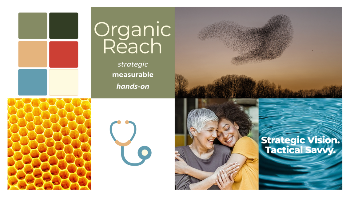 Jane Ward Communications mood board Mood board showing Jane Ward Communications‘ brand pillars of strategic, measurable, and hands-on